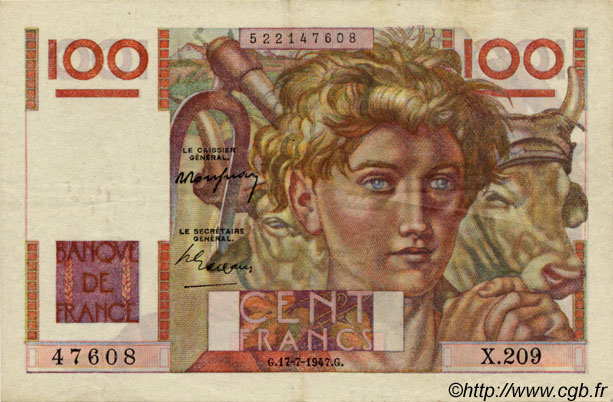 100 Francs JEUNE PAYSAN FRANKREICH  1947 F.28.15 fVZ to VZ