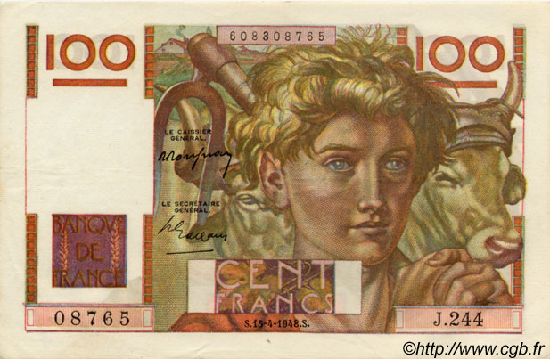 100 Francs JEUNE PAYSAN FRANCIA  1948 F.28.17 SPL