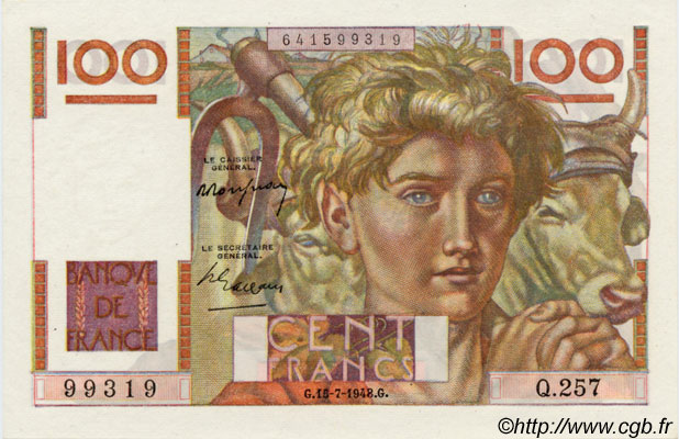 100 Francs JEUNE PAYSAN FRANCIA  1948 F.28.19 FDC