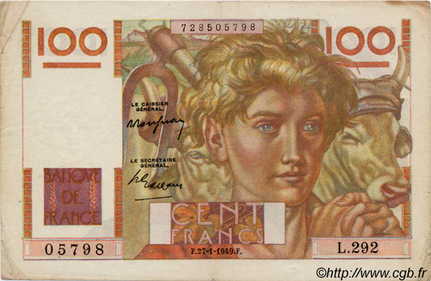 100 Francs JEUNE PAYSAN FRANCIA  1949 F.28.21 MBC