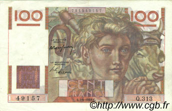100 Francs JEUNE PAYSAN FRANKREICH  1949 F.28.23 VZ