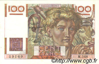 100 Francs JEUNE PAYSAN FRANKREICH  1949 F.28.24 VZ+