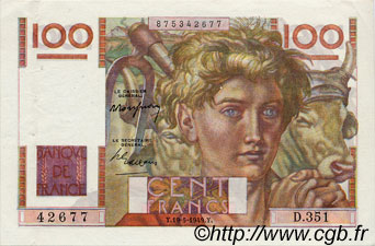 100 Francs JEUNE PAYSAN FRANKREICH  1949 F.28.24 fVZ