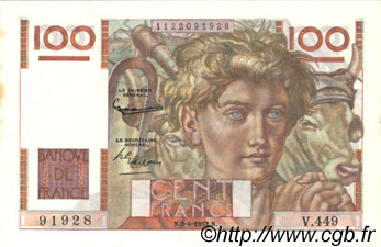 100 Francs JEUNE PAYSAN FRANCE  1952 F.28.32 AU-