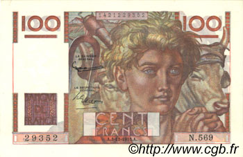 100 Francs JEUNE PAYSAN FRANCIA  1953 F.28.40 q.FDC