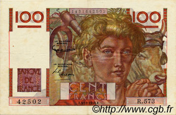100 Francs JEUNE PAYSAN FRANCE  1953 F.28.40 XF
