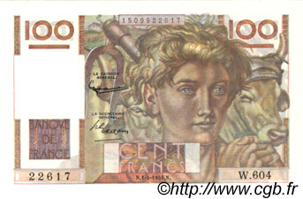 100 Francs JEUNE PAYSAN FRANCE  1954 F.28.43 XF