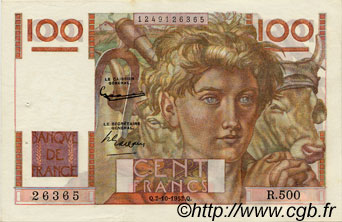 100 Francs JEUNE PAYSAN filigrane inversé FRANKREICH  1952 F.28bis.01 fVZ