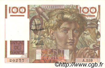 100 Francs JEUNE PAYSAN filigrane inversé FRANCIA  1954 F.28bis.05 MBC