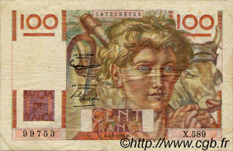 100 Francs JEUNE PAYSAN filigrane inversé FRANCE  1954 F.28bis.05 VF-