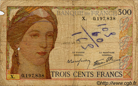 300 Francs FRANCE  1939 F.29.03 P