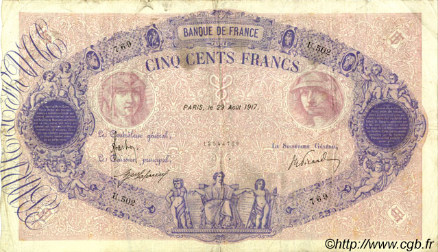 500 Francs BLEU ET ROSE FRANCE  1917 F.30.23 F