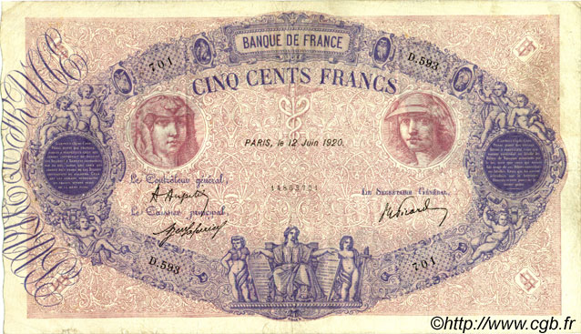 500 Francs BLEU ET ROSE FRANKREICH  1920 F.30.24 fSS to SS