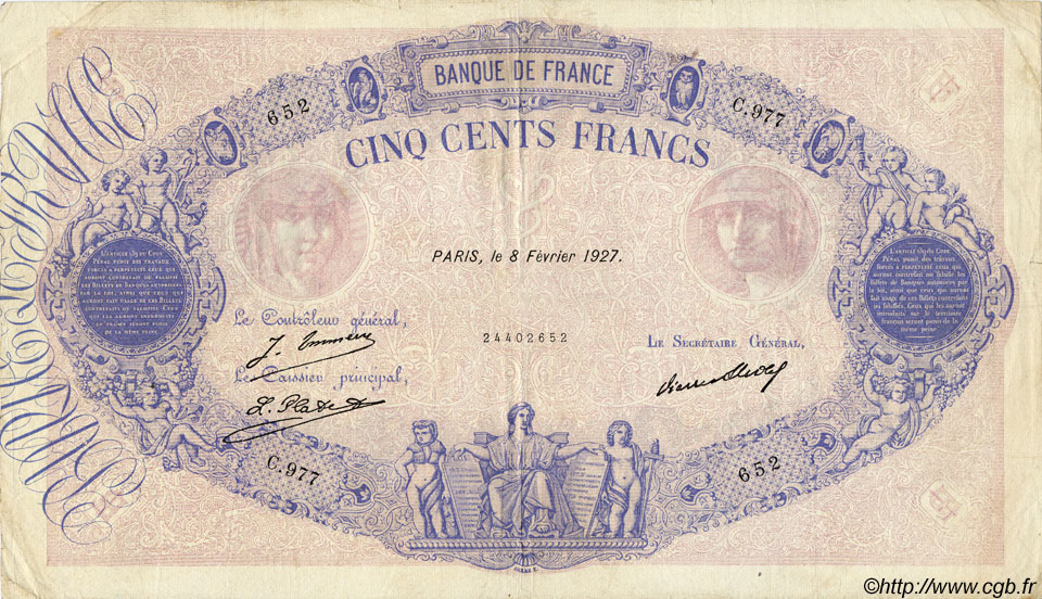 500 Francs BLEU ET ROSE FRANCE  1927 F.30.30 F
