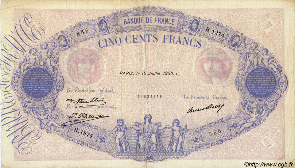 500 Francs BLEU ET ROSE FRANCE  1930 F.30.33 F - VF