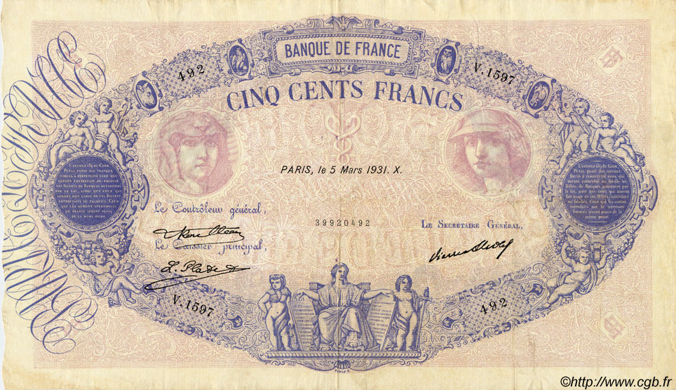 500 Francs BLEU ET ROSE FRANKREICH  1931 F.30.34 fVZ
