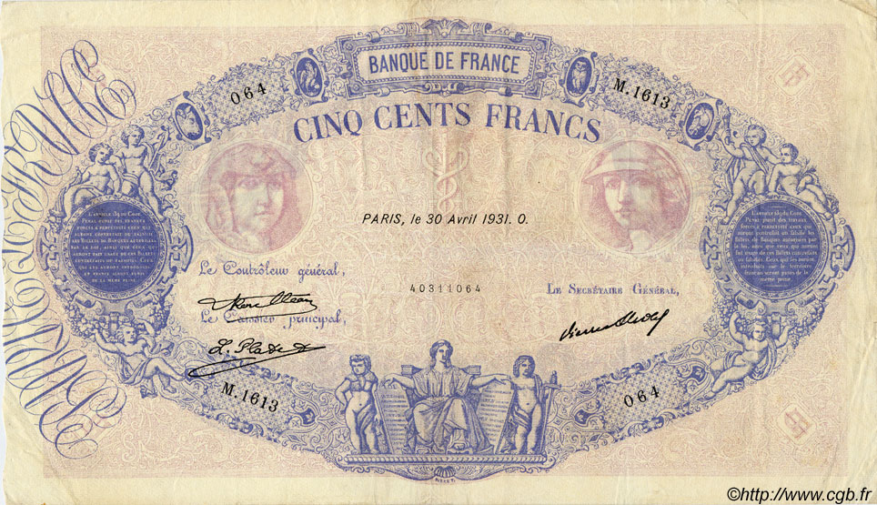 500 Francs BLEU ET ROSE FRANCE  1931 F.30.34 VF+