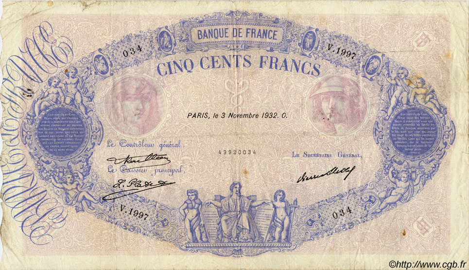 500 Francs BLEU ET ROSE FRANCE  1932 F.30.35 F-