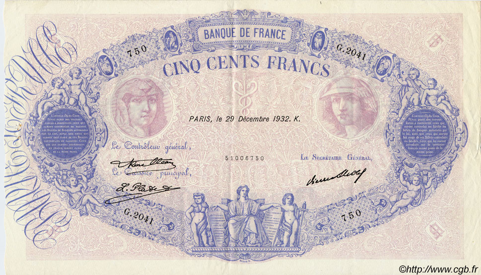 500 Francs BLEU ET ROSE FRANKREICH  1932 F.30.35 fVZ to VZ