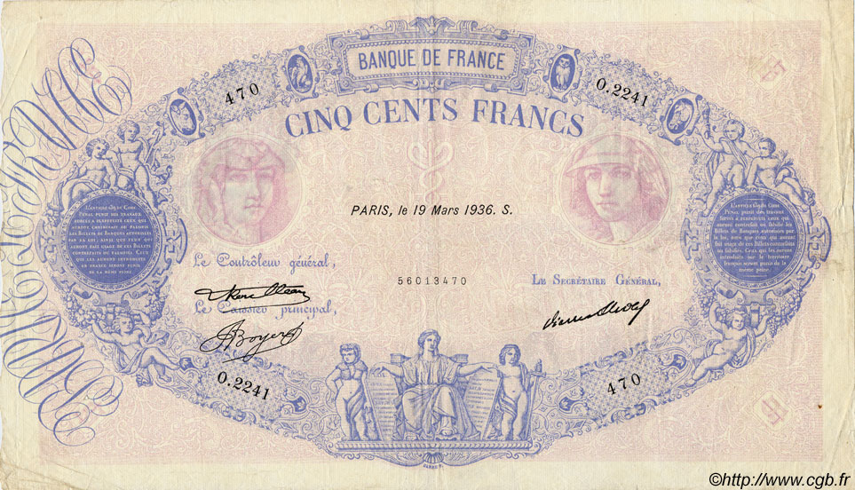 500 Francs BLEU ET ROSE FRANCE  1936 F.30.37 F - VF