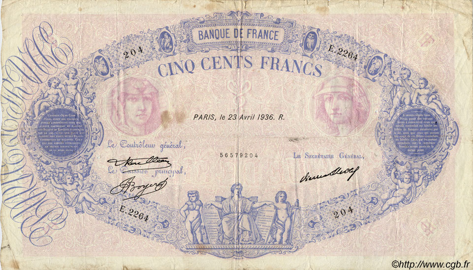 500 Francs BLEU ET ROSE FRANCE  1936 F.30.37 F-