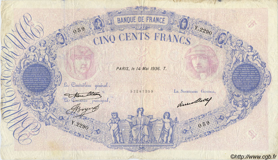 500 Francs BLEU ET ROSE FRANCIA  1936 F.30.37 q.MB