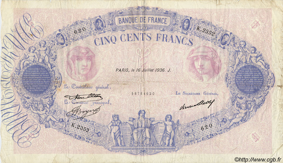 500 Francs BLEU ET ROSE FRANCE  1936 F.30.37 F-
