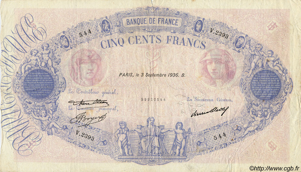 500 Francs BLEU ET ROSE FRANCIA  1936 F.30.37 MB