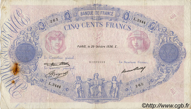 500 Francs BLEU ET ROSE FRANCIA  1936 F.30.37 RC+