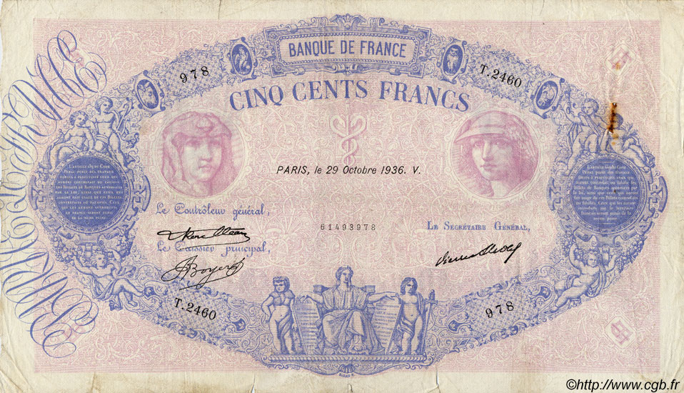500 Francs BLEU ET ROSE FRANCIA  1936 F.30.37 BC