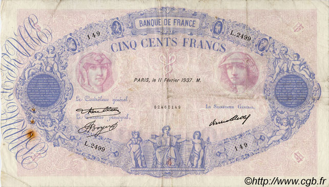 500 Francs BLEU ET ROSE FRANCE  1937 F.30.38 VF-