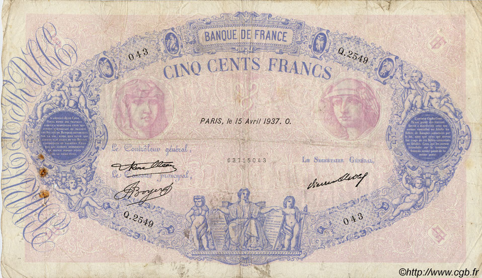 500 Francs BLEU ET ROSE FRANCE  1937 F.30.38 VG