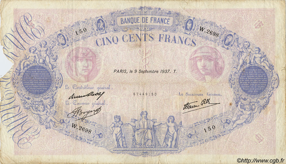 500 Francs BLEU ET ROSE modifié FRANCIA  1937 F.31.03 RC a BC