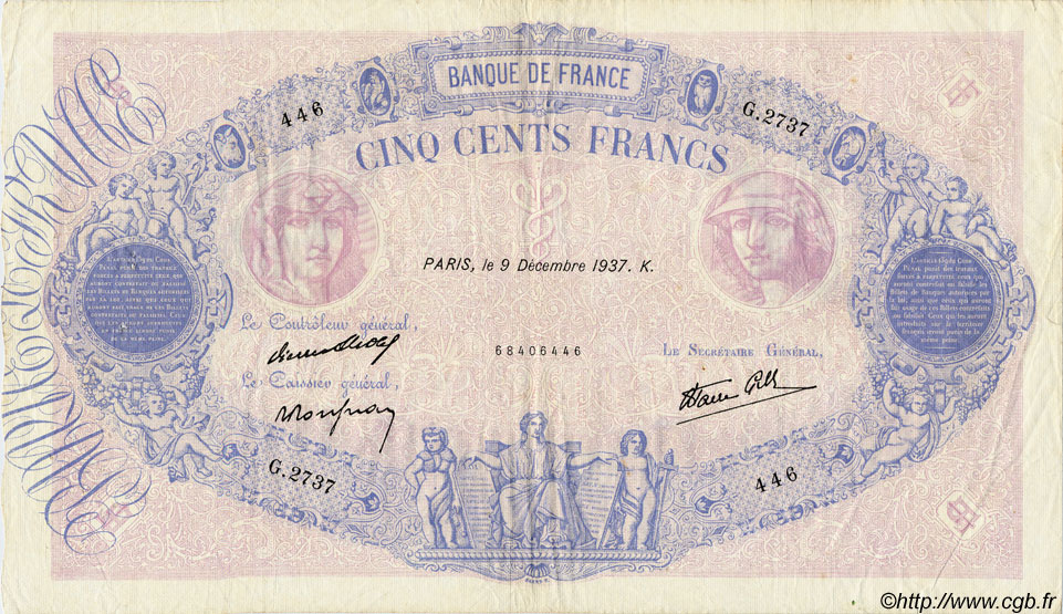 500 Francs BLEU ET ROSE modifié FRANCE  1937 F.31.05 VF-