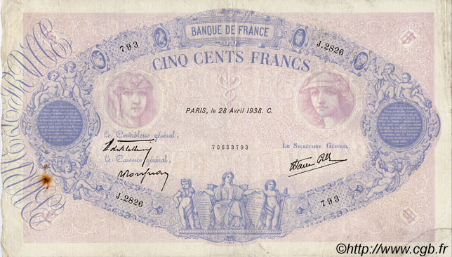 500 Francs BLEU ET ROSE modifié FRANCIA  1938 F.31.09 MB