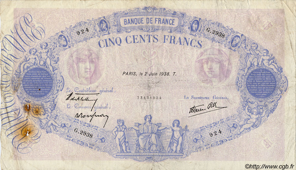 500 Francs BLEU ET ROSE modifié FRANCE  1938 F.31.13 B+