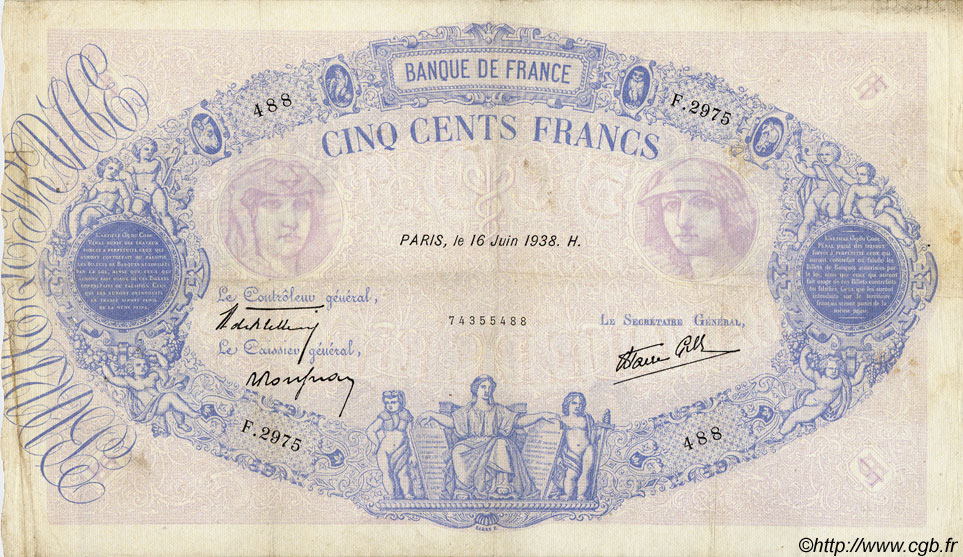 500 Francs BLEU ET ROSE modifié FRANCIA  1938 F.31.16 BC+