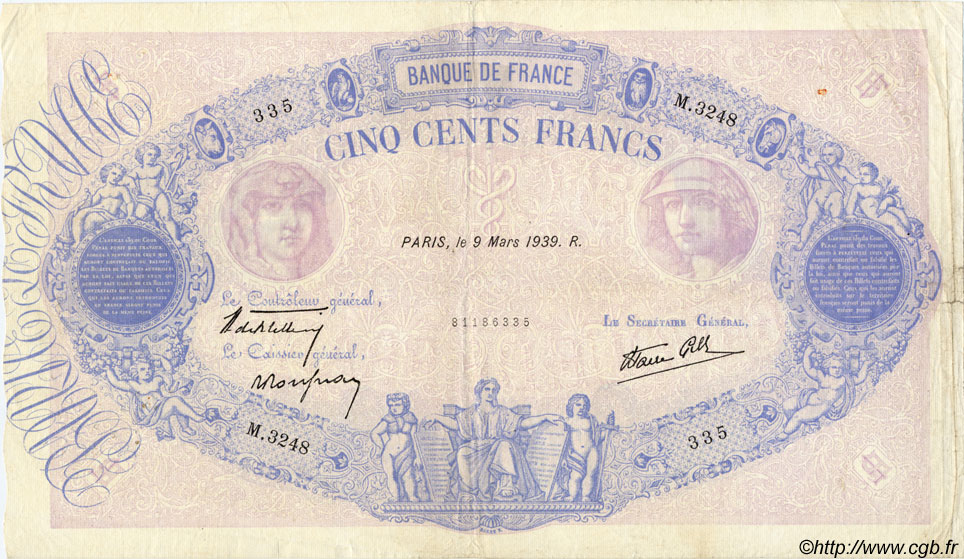500 Francs BLEU ET ROSE modifié FRANCE  1939 F.31.26 VF-