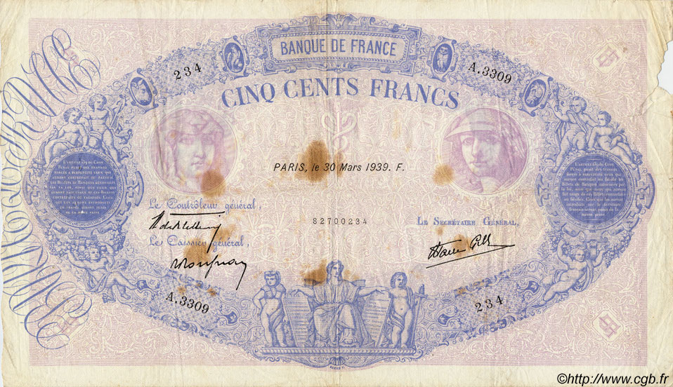 500 Francs BLEU ET ROSE modifié FRANKREICH  1939 F.31.29 fS