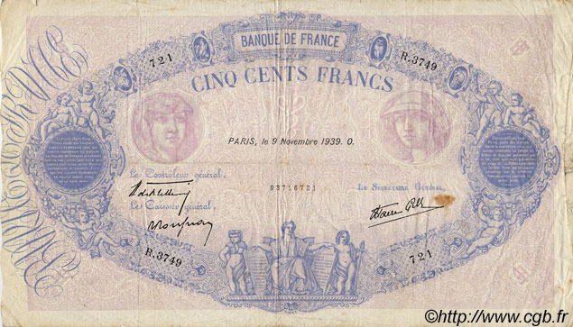 500 Francs BLEU ET ROSE modifié FRANKREICH  1939 F.31.47 fS