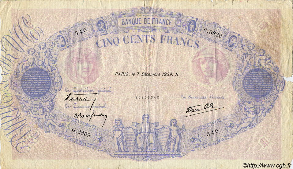500 Francs BLEU ET ROSE modifié FRANCIA  1939 F.31.51 RC