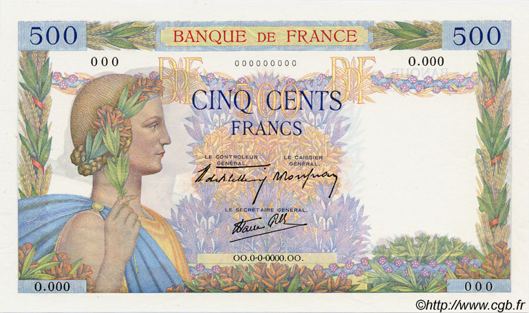 500 Francs LA PAIX Épreuve FRANCIA  1940 F.32.00Ed1 AU