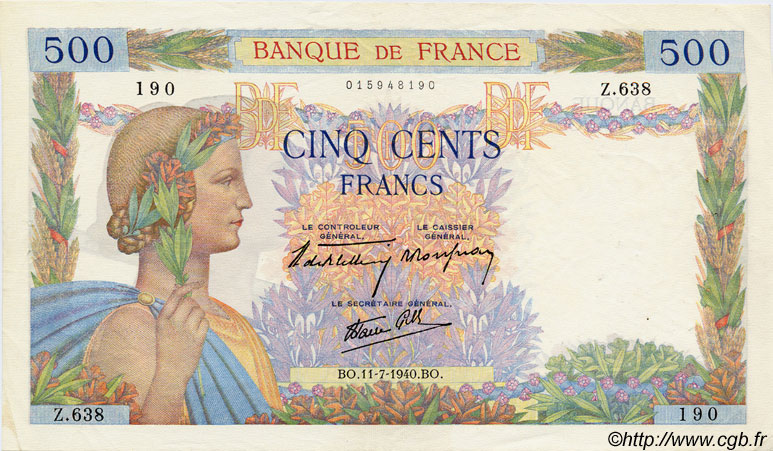 500 Francs LA PAIX FRANKREICH  1940 F.32.04 VZ