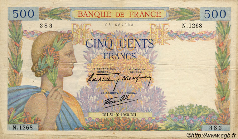 500 Francs LA PAIX FRANCIA  1940 F.32.08 BC+