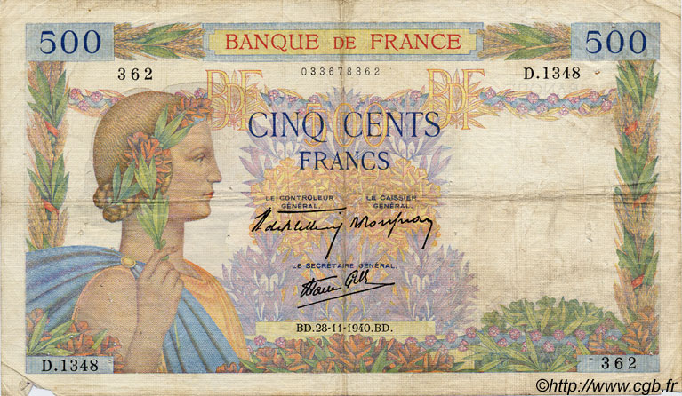 500 Francs LA PAIX FRANKREICH  1940 F.32.09 S