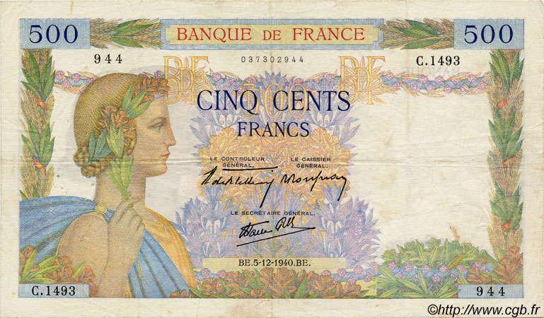 500 Francs LA PAIX FRANCIA  1940 F.32.10 BB