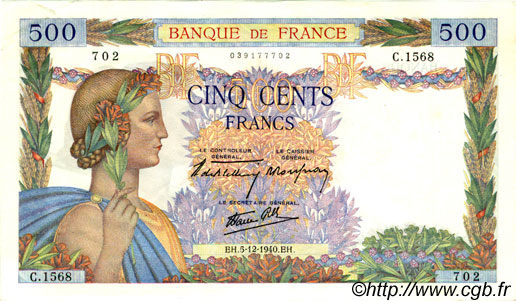 500 Francs LA PAIX FRANCE  1940 F.32.10 XF+