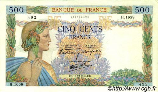 500 Francs LA PAIX FRANCIA  1940 F.32.11 q.SPL