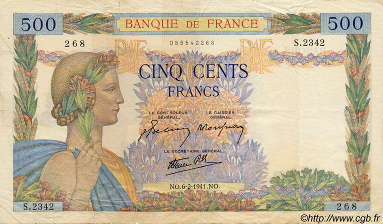 500 Francs LA PAIX FRANKREICH  1941 F.32.14 S