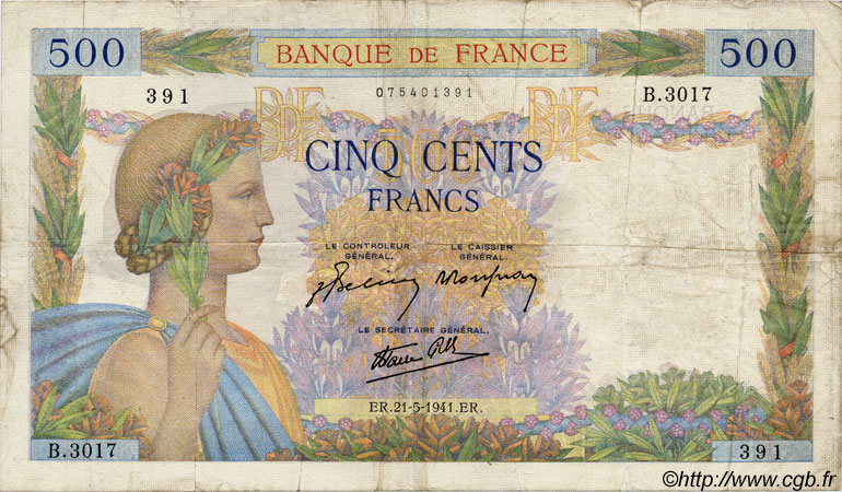 500 Francs LA PAIX FRANCIA  1941 F.32.17 MB